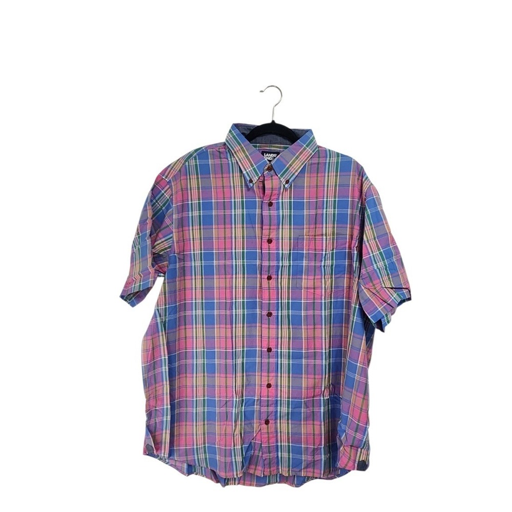 Lands' End Button Down Shirt Mens 2XL Pink‎ Plaid  NEW